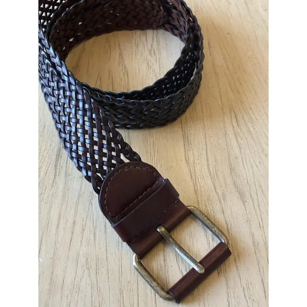 DKNY Women's Mocha Brown Braided Woven Wide Leather Belt w/ Buckle Minimalist M